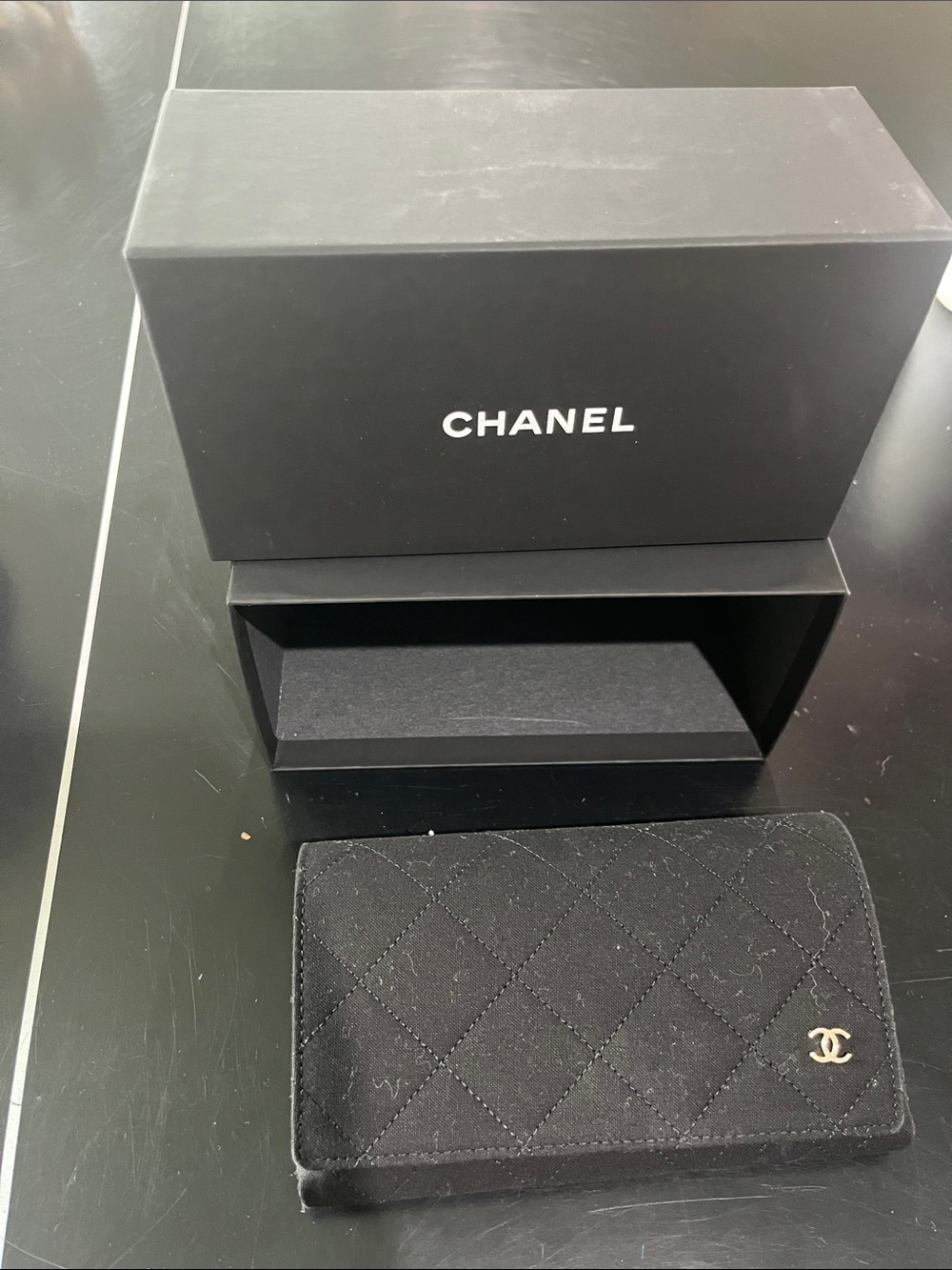 CHANEL Black Quilted eyeglass case with Gold CC Emblem